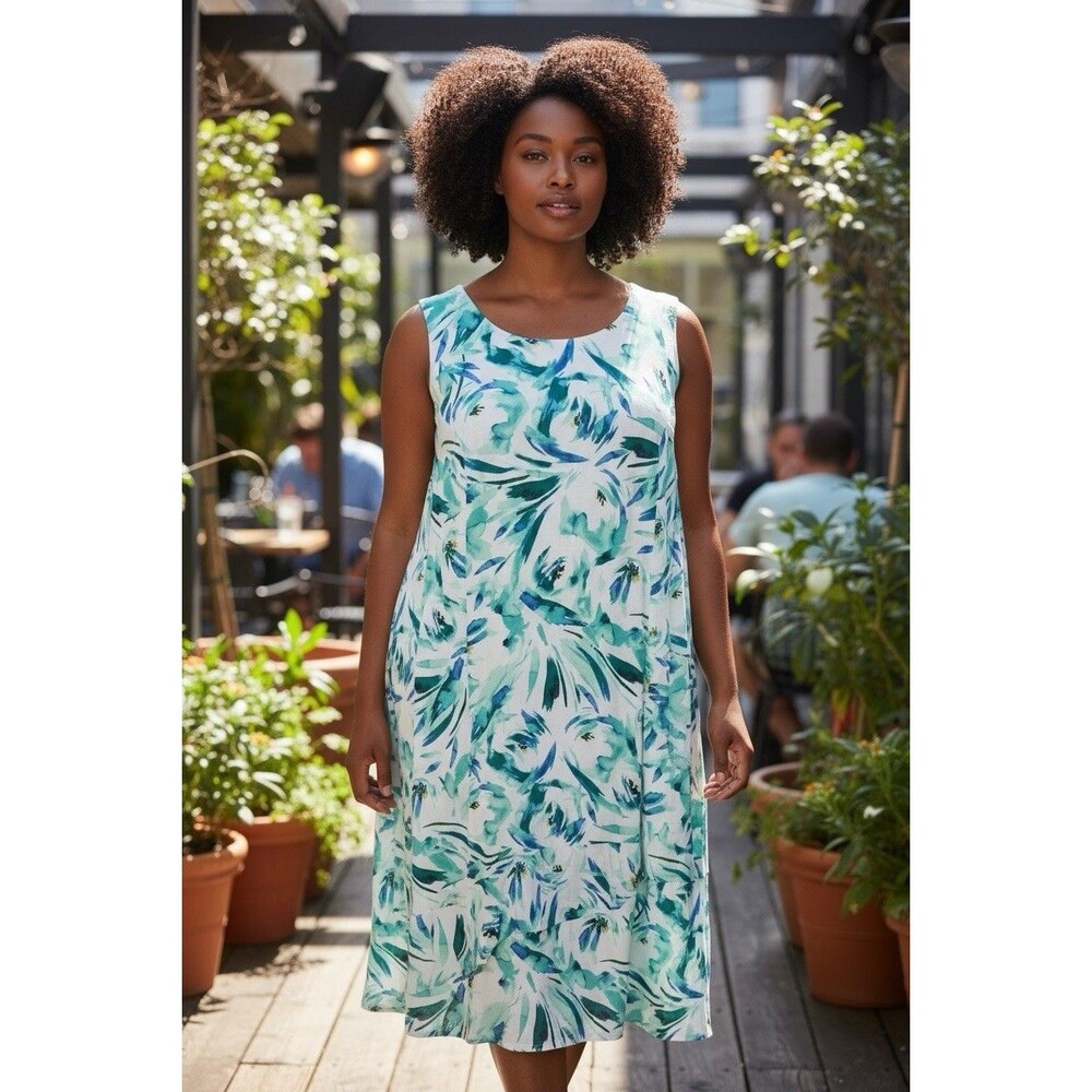 Catherine’s Black Label Women's Floral Rush White Teal Midi Dress Size 3Xwp